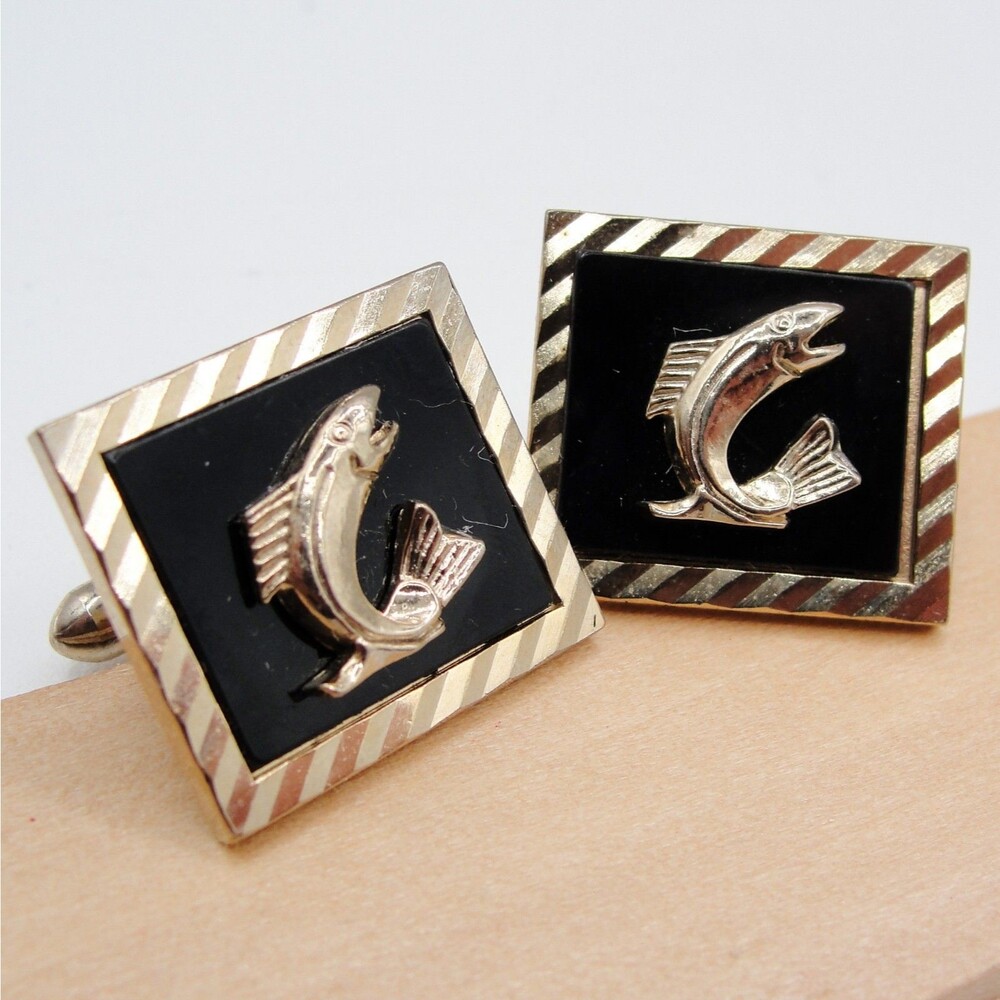 Vintage Swank Trout Bass Fish Cufflinks Gold Tone Black Signed Men Fishing Retro